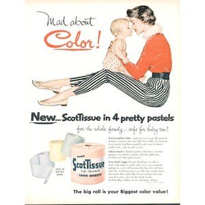 1956 ScotTissue Colored Pastel Toilet Paper Vintage Print Ad Mom Son Toddler 50s